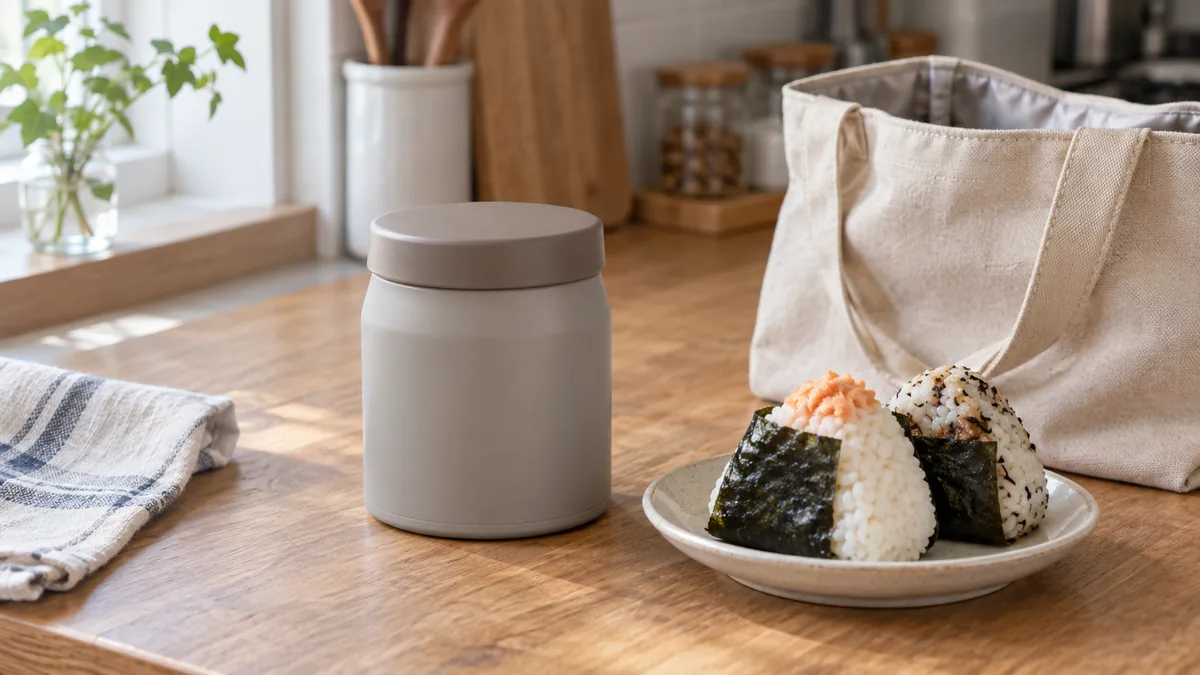 スープジャーとおにぎり、布のランチバッグを並べた朝の支度のイメージ