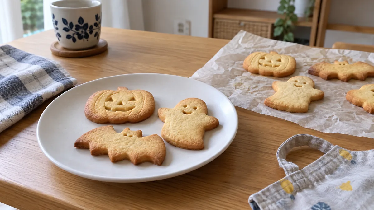 木のテーブルにハロウィンの形のクッキーを並べた、親子のおやつ時間のイメージ